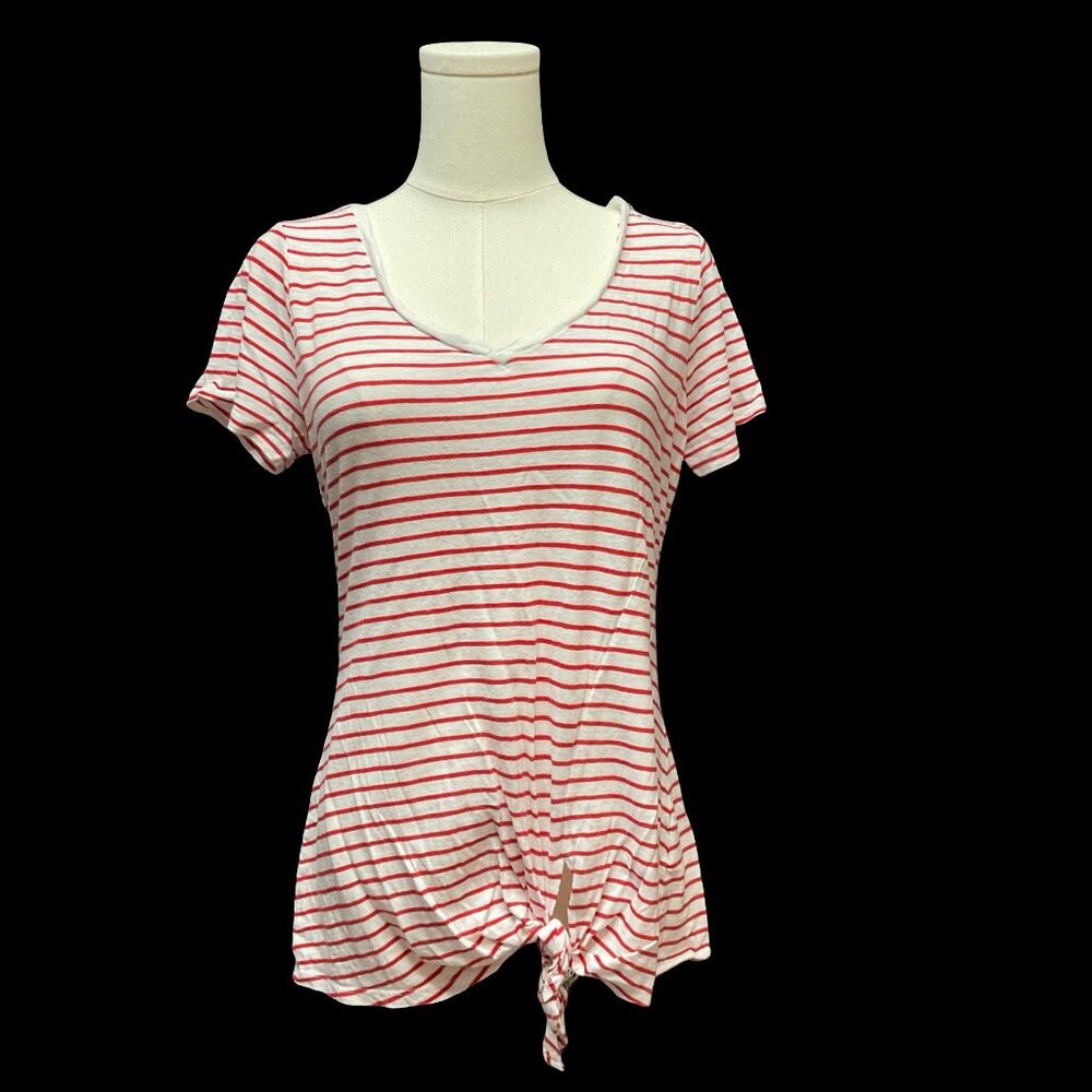 Red/White Striped V-Neck Tee w/ Front Tie
